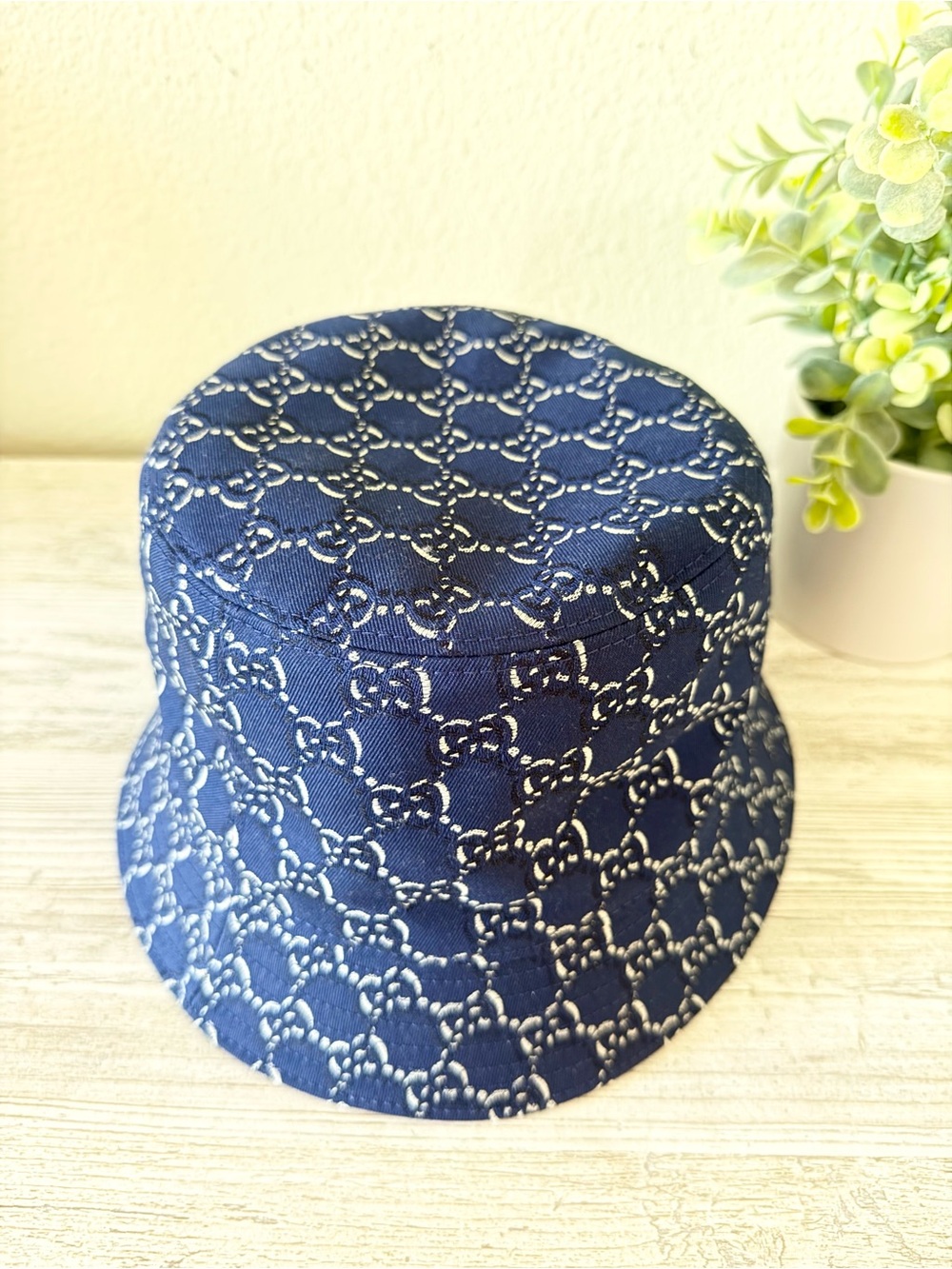New Gucci GG monogram unisex cotton bucket  hat, blue, size M